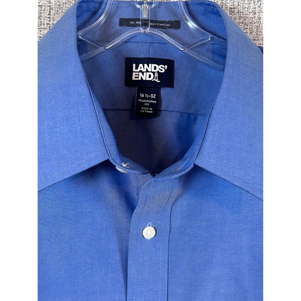 Lands End Mens Blue‎ No Iron Supima Pinpoint Dress Shirt 16.5 32 Traditional Fit